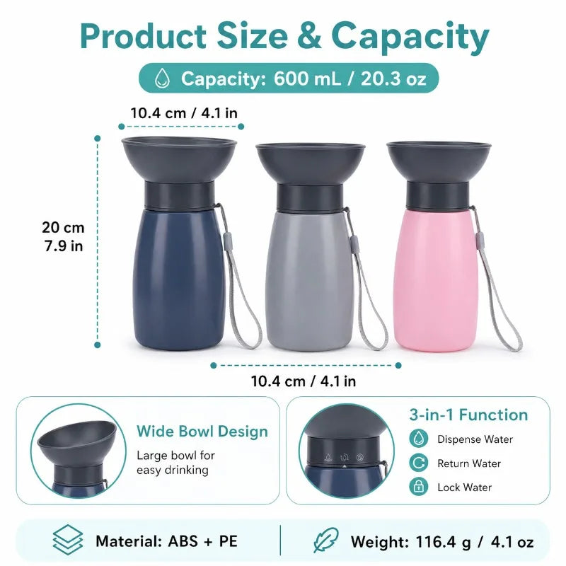 Squeeze Dog Water Bottle with Wide Rigid Bowl & Drain-Back Lock — 600ml