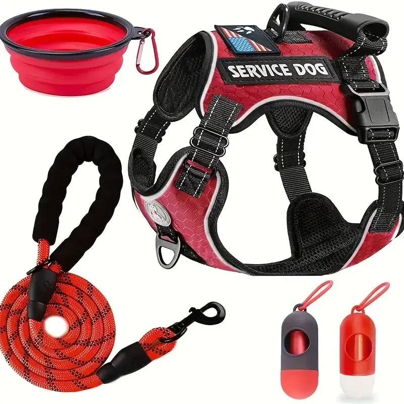 Dog Harness Set — Chest Vest, Shock-Absorbing Lead, Folding Bowl & Waste Bags