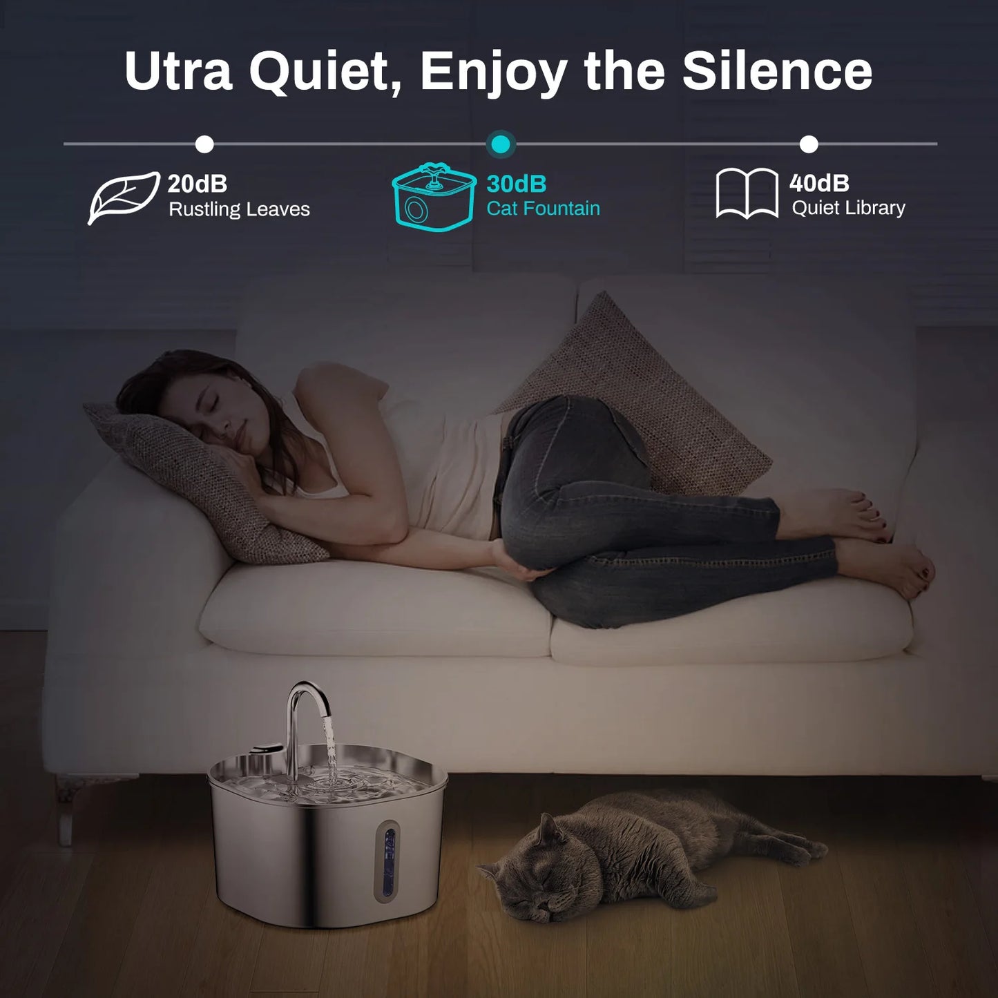 ZYfeeder Fontaine à eau pour animaux de compagnie en acier inoxydable de 2,2 L, fontaine d'eau artésienne pour chats, pompe à eau ultra-silencieuse avec filtre