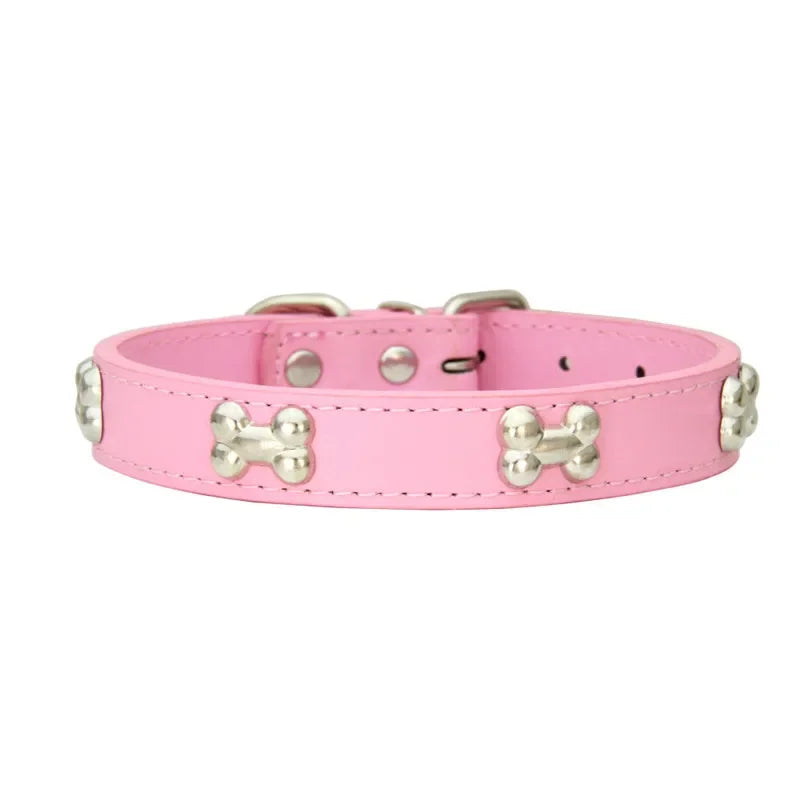 Durable Leather Dog Collar with Bone Design for Small to Large Dogs