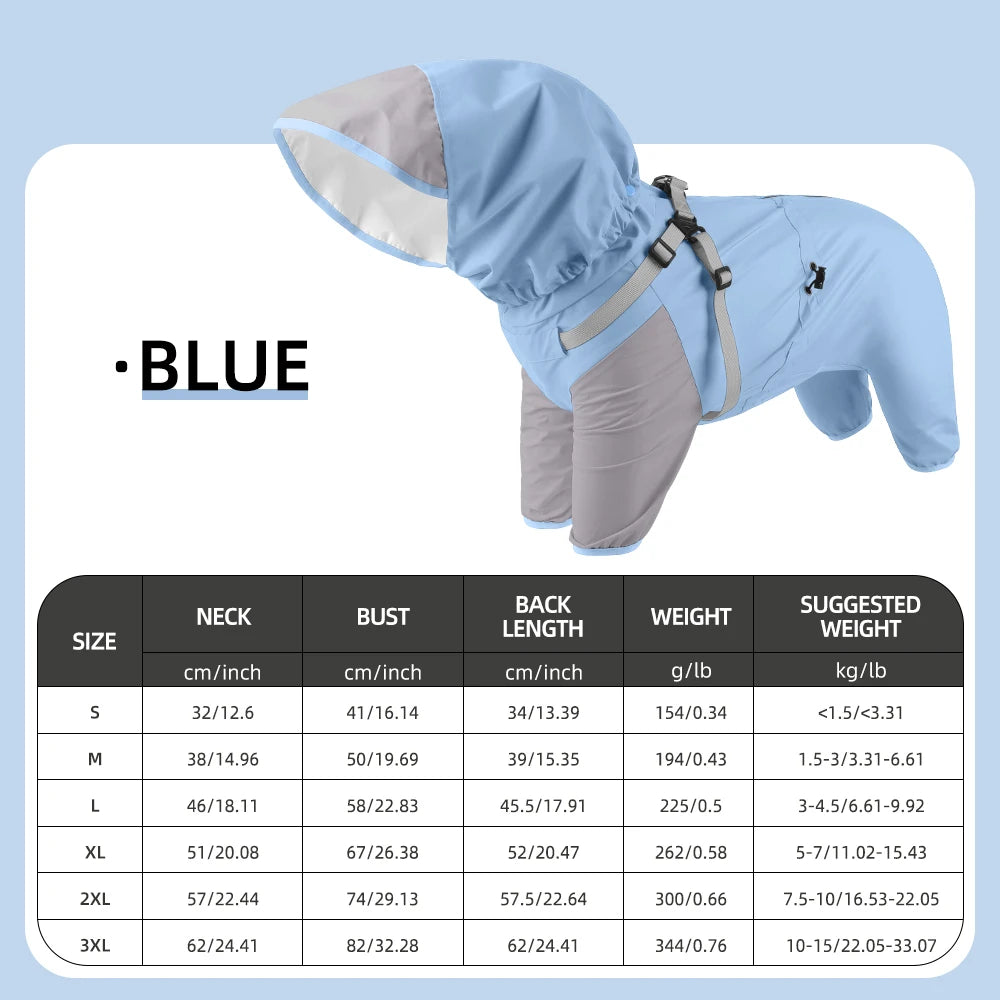 Waterproof Dog Raincoat with Harness & Detachable Hood