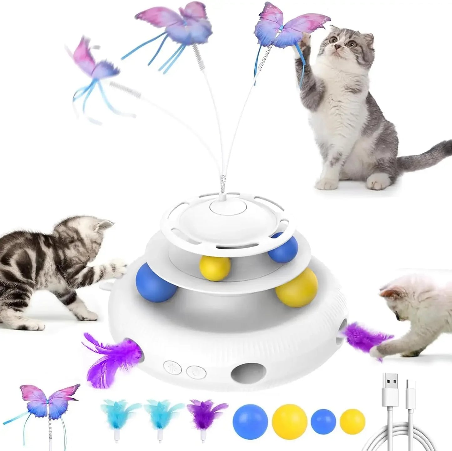 Jouet pour chat automatique rechargeable 4-en-1 avec papillon, plume et balle de piste