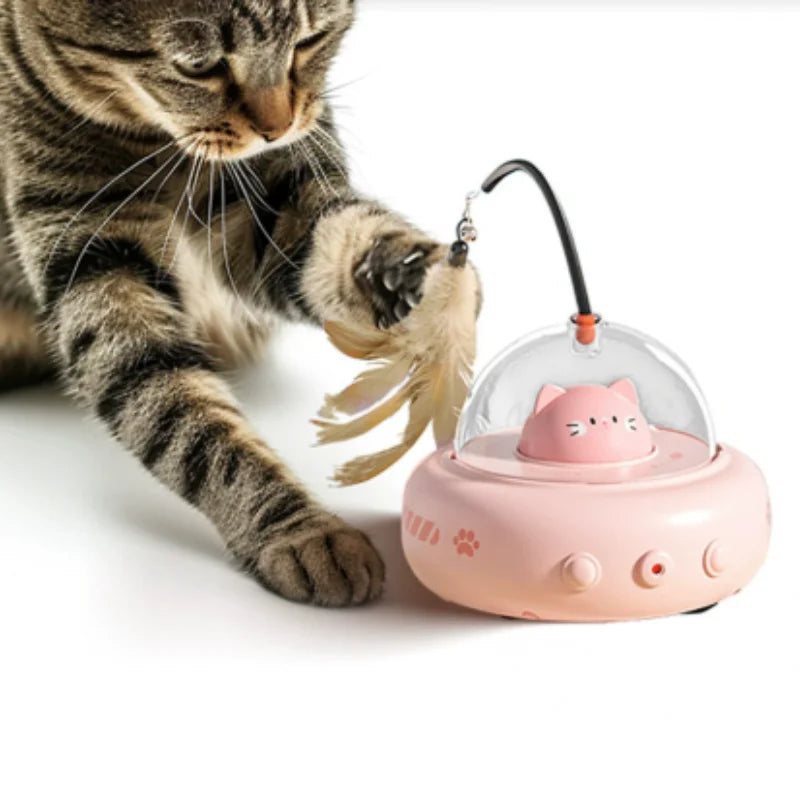 Electric UFO Cat Teaser Toy with Bell & Replaceable Feather