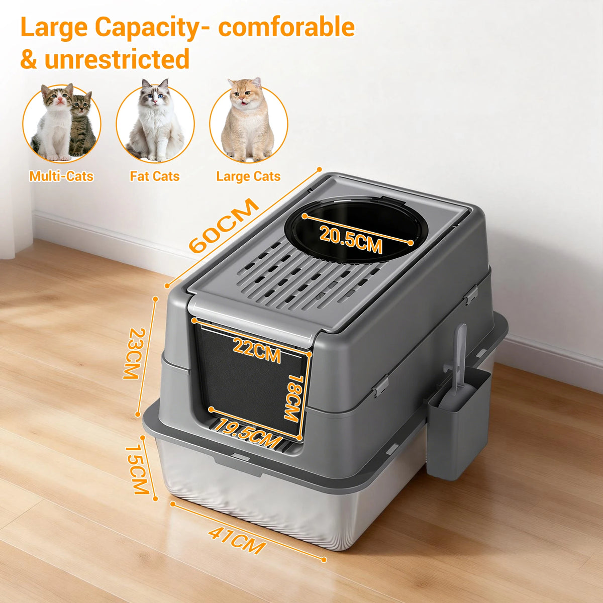 Extra Large Stainless Steel Cat Litter Box | 35L | Flip-Top | Dual Entry | Odour Control