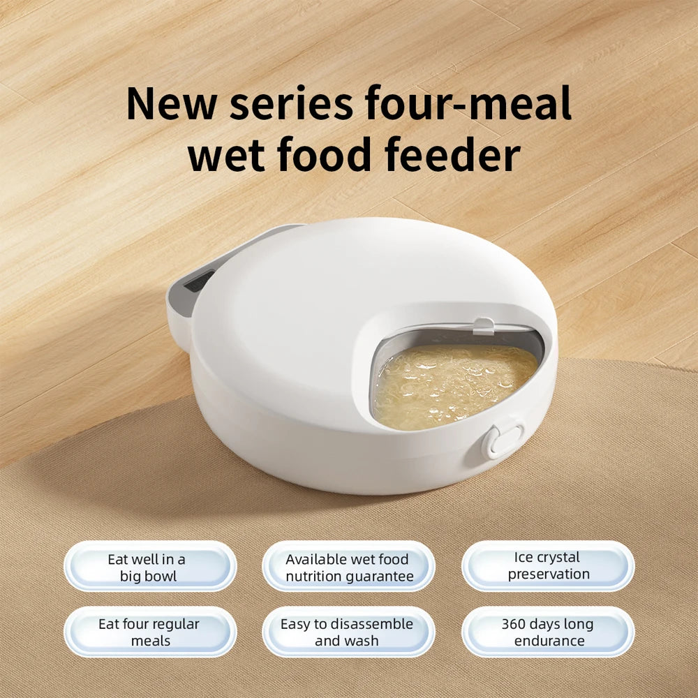 Distributeur automatique de nourriture humide, quatre mangeoires pour animaux pour différentes nourritures, gamelle pour chat avec nourriture sèche et humide et blocs réfrigérants