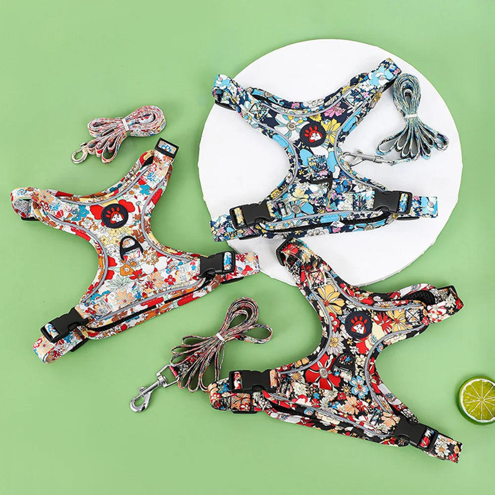 Floral Print Dog Harness & Lead Set with Reflective Strips