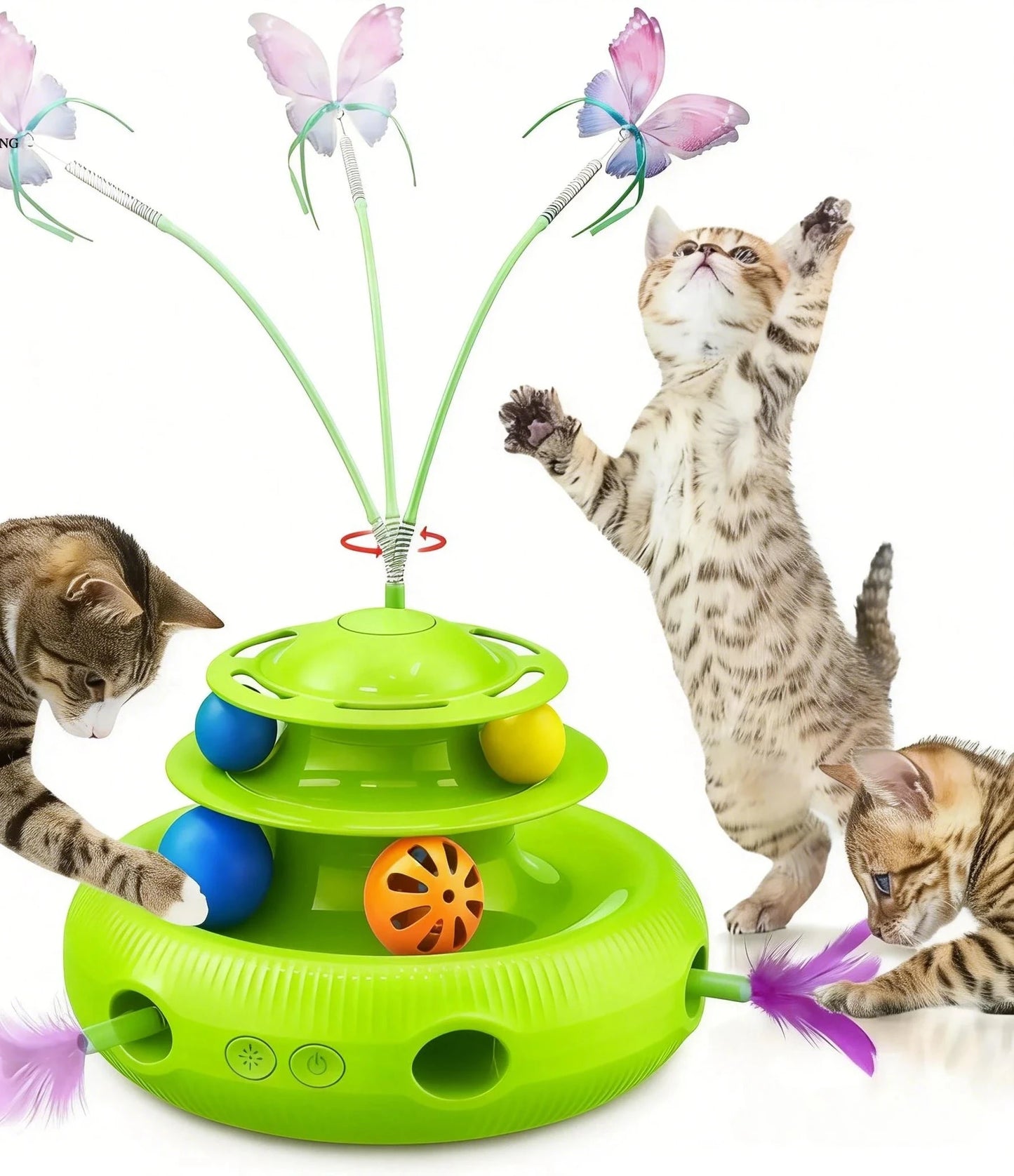 Jouet pour chat automatique rechargeable 4-en-1 avec papillon, plume et balle de piste