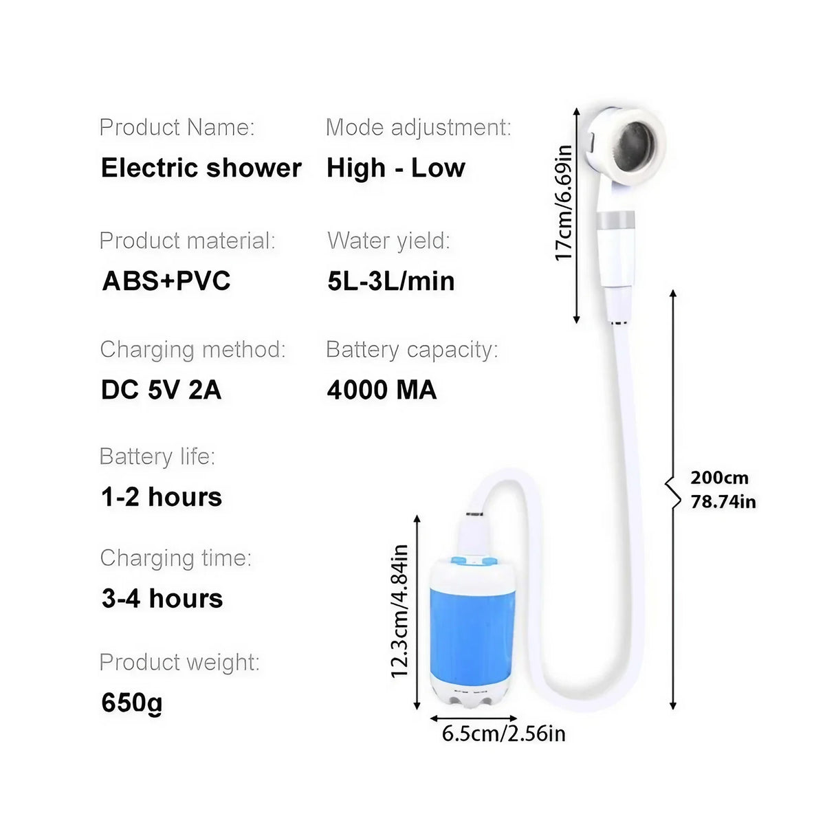 Rechargeable Portable Outdoor Shower Pump with 2m Hose