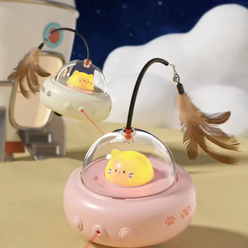 Electric UFO Cat Teaser Toy with Bell & Replaceable Feather