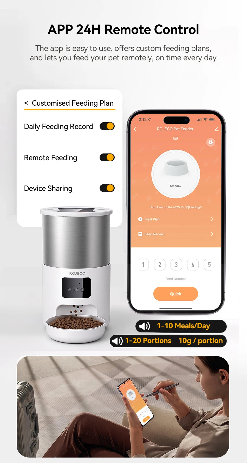 Distributeur automatique intelligent pour animaux de compagnie en acier inoxydable de 4,5 L avec Wi-Fi et enregistrement vocal
