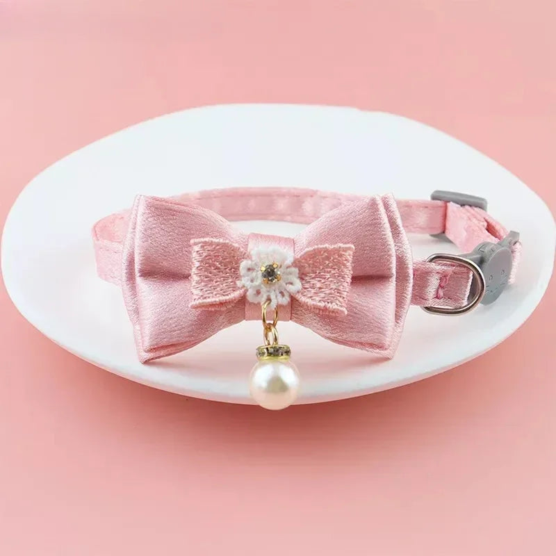 Pink Lace Bow Pet Collar with Bell for Cats and Small Dogs
