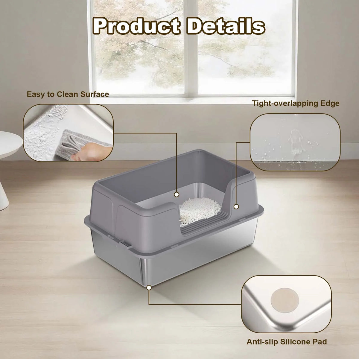 Stainless Steel Semi-Enclosed Cat Litter Box | High Sides | Anti-Splash | 3 Sizes