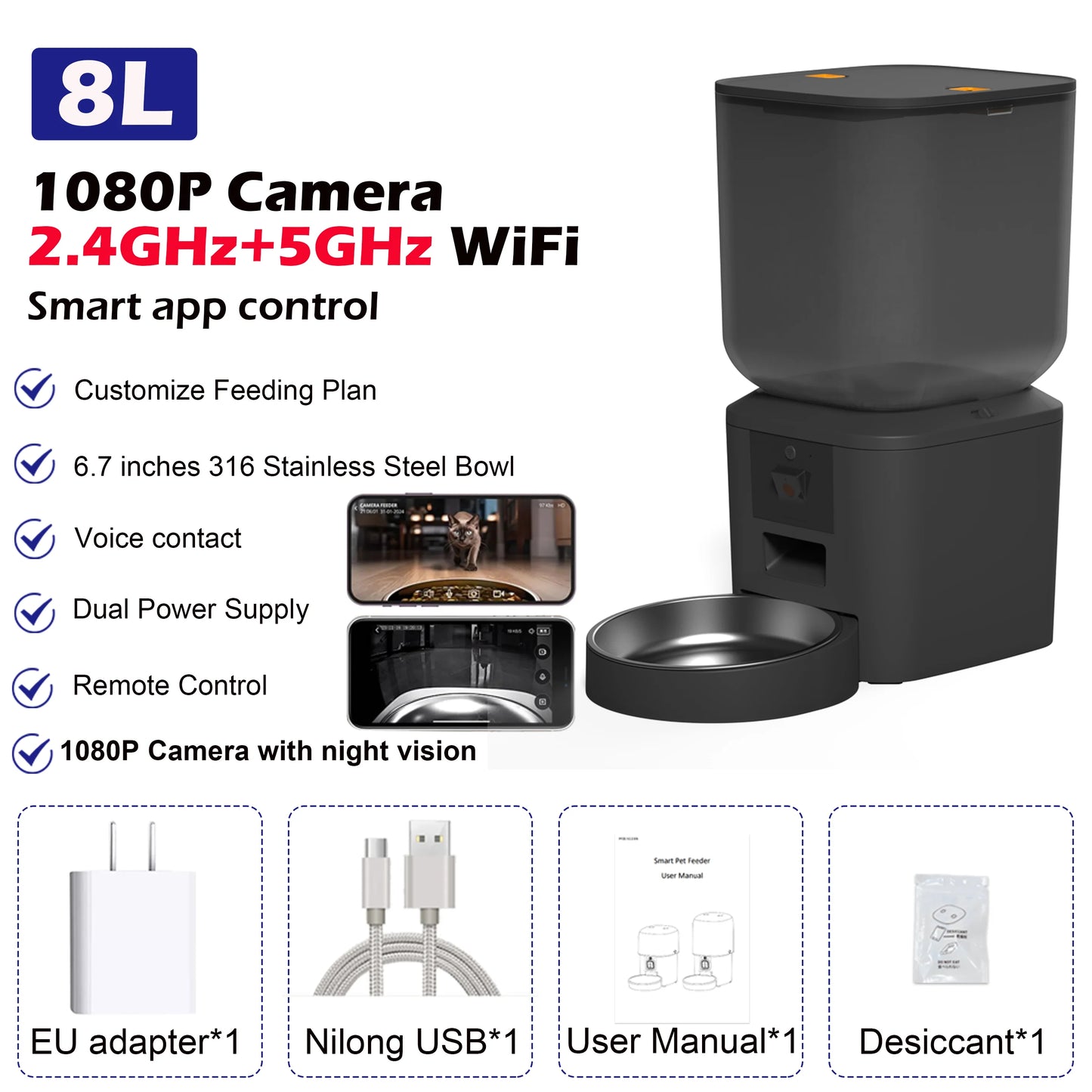 8L Smart Pet Feeder with 1080P Camera, Night Vision & Stainless Steel Bowl — 5G Wi-Fi & Tuya App
