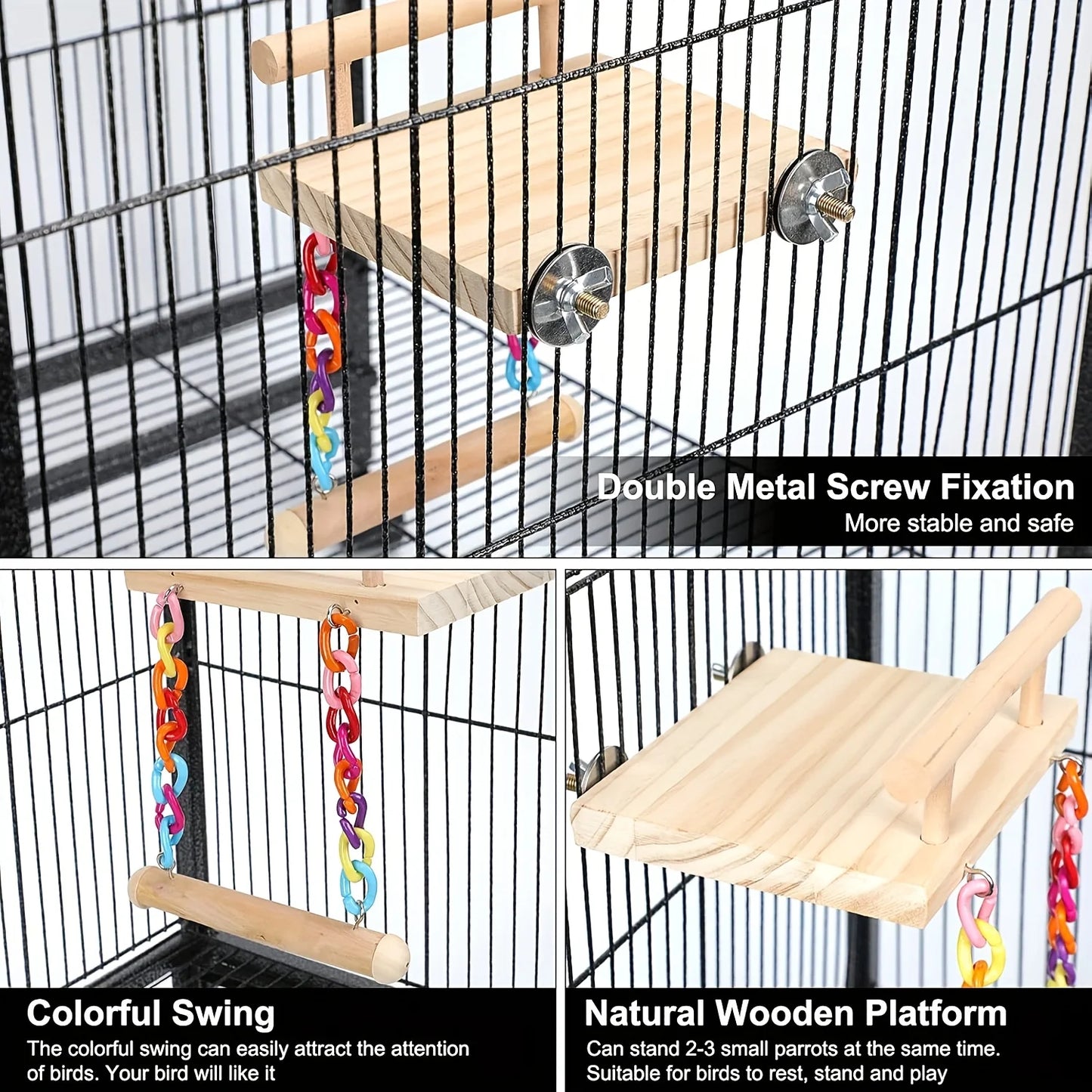 Plateforme de cage à oiseaux en bois avec balançoire et pont de corde