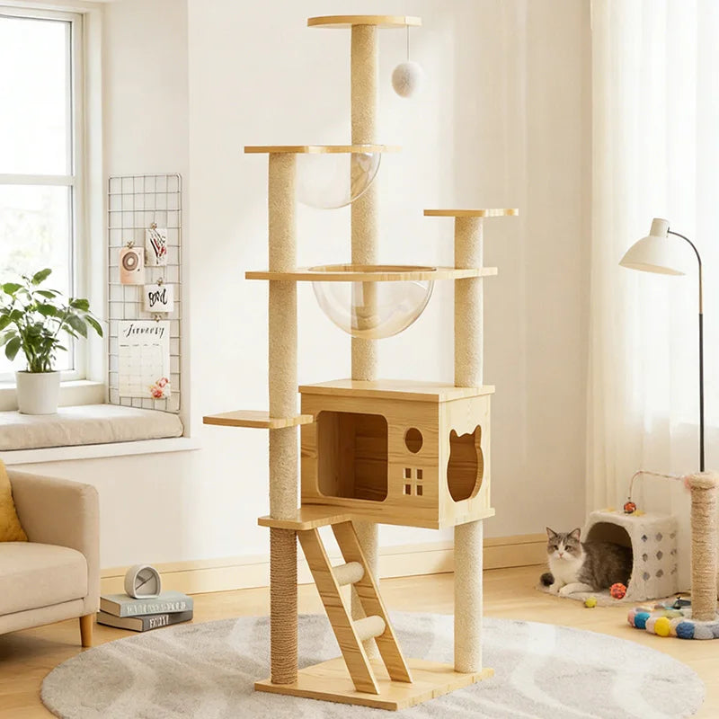 Wooden Cat Tree with Hideaway & Clear Perch