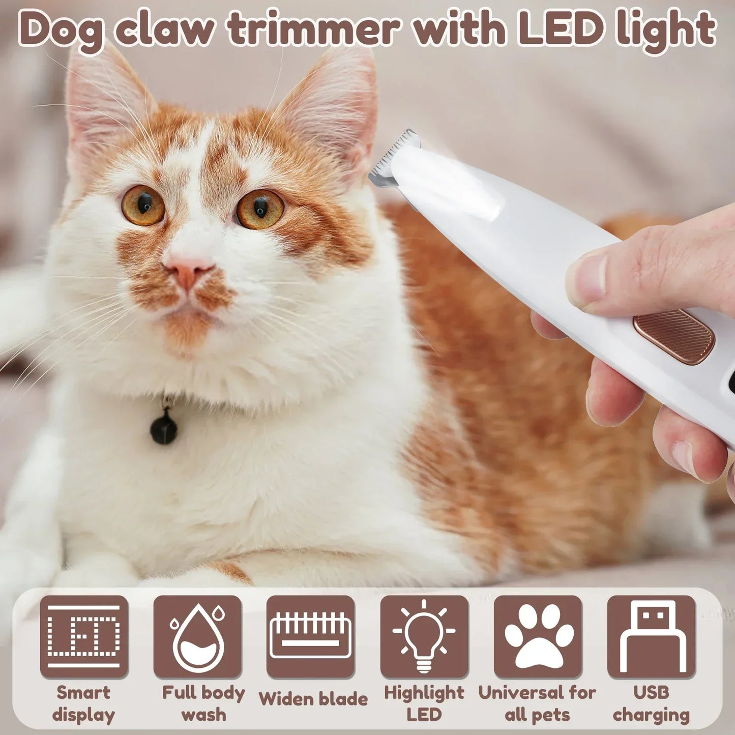 Cordless Dog Paw Trimmer with LED Light — Waterproof, 18mm Blade, LED Display