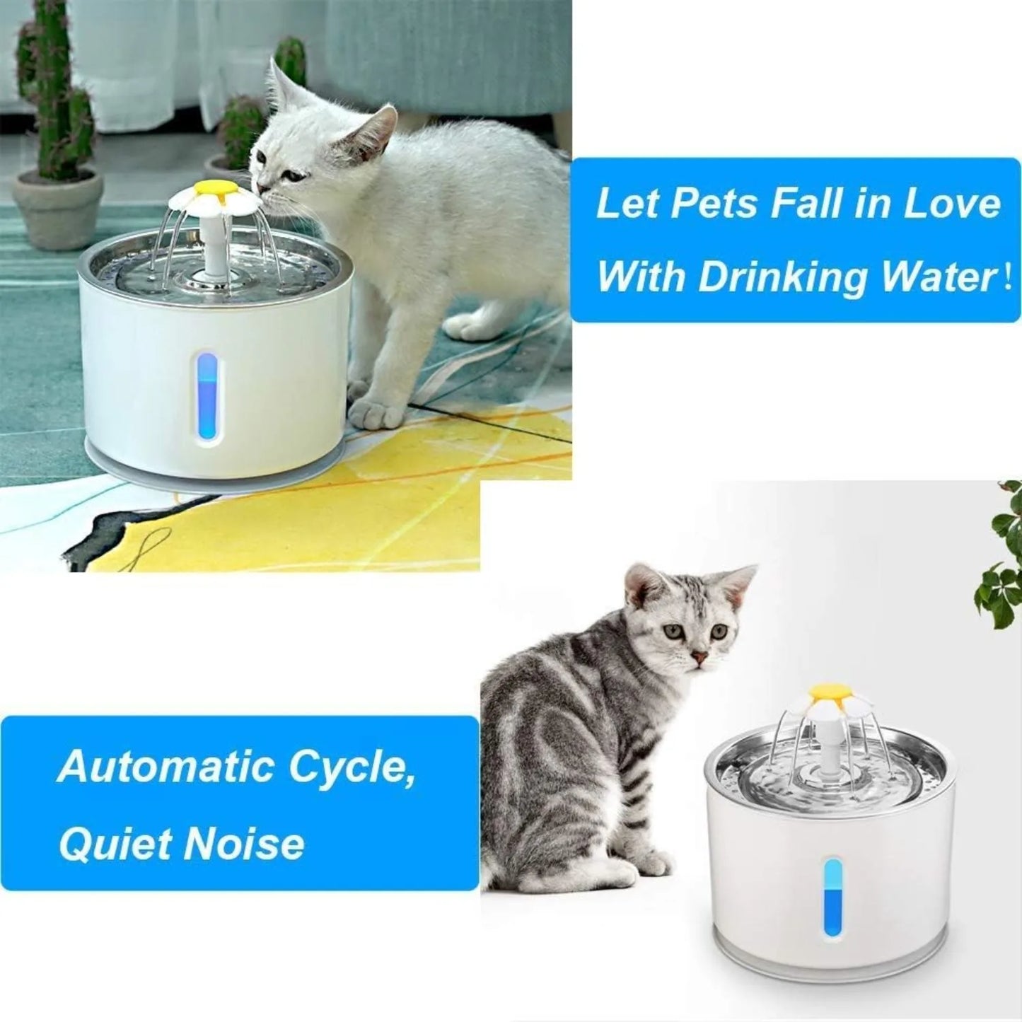Fontaine à eau pour animaux de compagnie - Distributeur automatique en acier inoxydable de 2,4 L pour chats et chiens