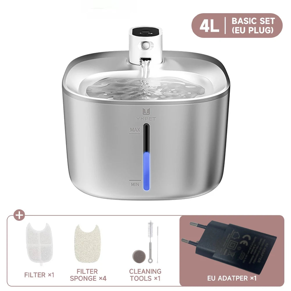 4L Stainless Steel Wireless Pet Water Fountain with Motion Sensor
