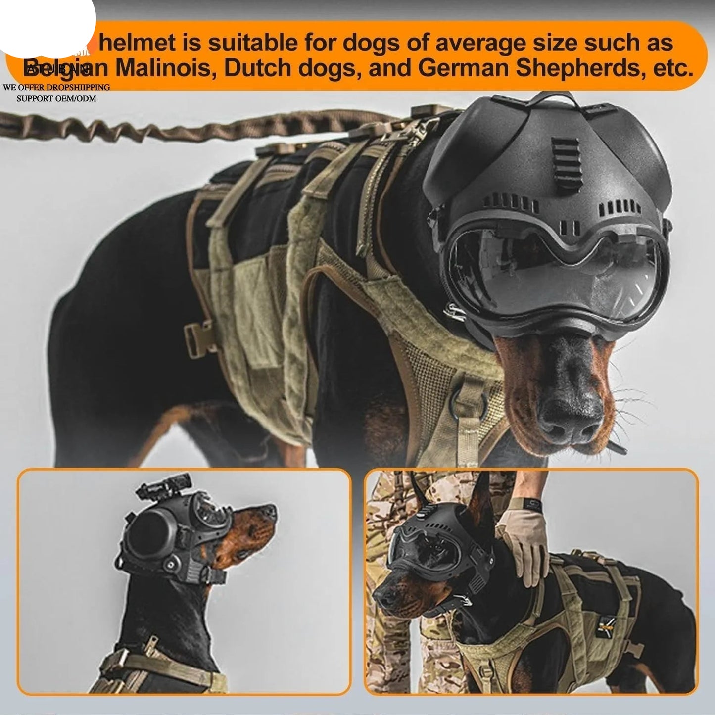 K9 Tactical Dog Helmet with Dual Goggles for Medium & Large Working Dogs