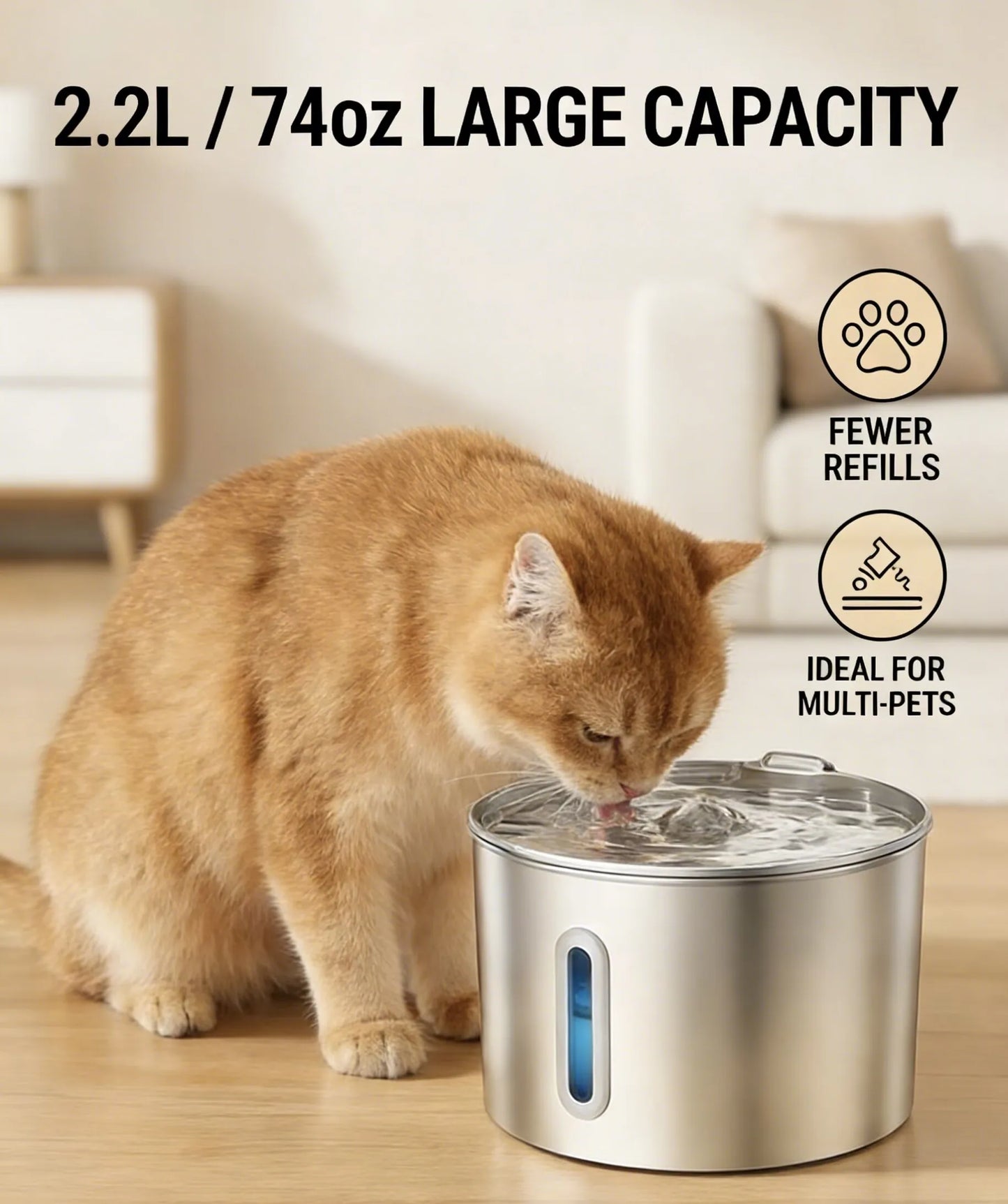 Distributeur d'eau pour animaux de compagnie en acier inoxydable de 2,2 L avec double mode de sortie et conception de sortie de fleur pour que les animaux apprécient davantage de boire de l'eau