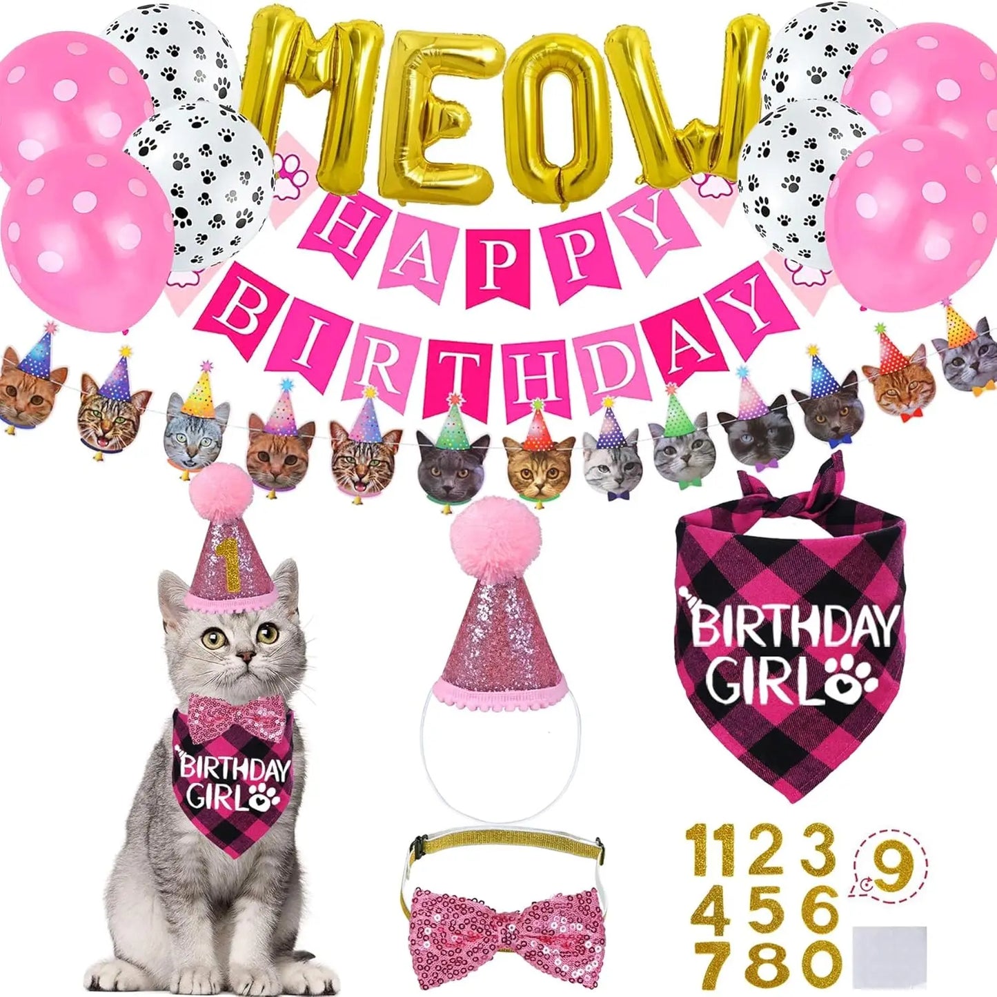 Fournitures d'anniversaire pour chat - Ensemble chapeau, bandana et nœud papillon