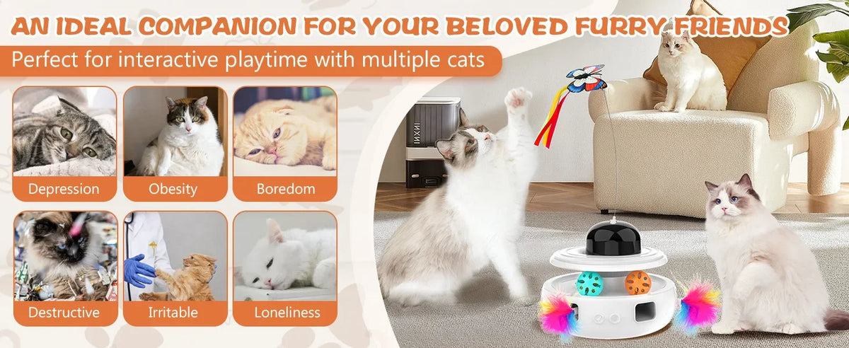 Quiet Electric Rolling Ball Cat Toy with LED Light & Feather