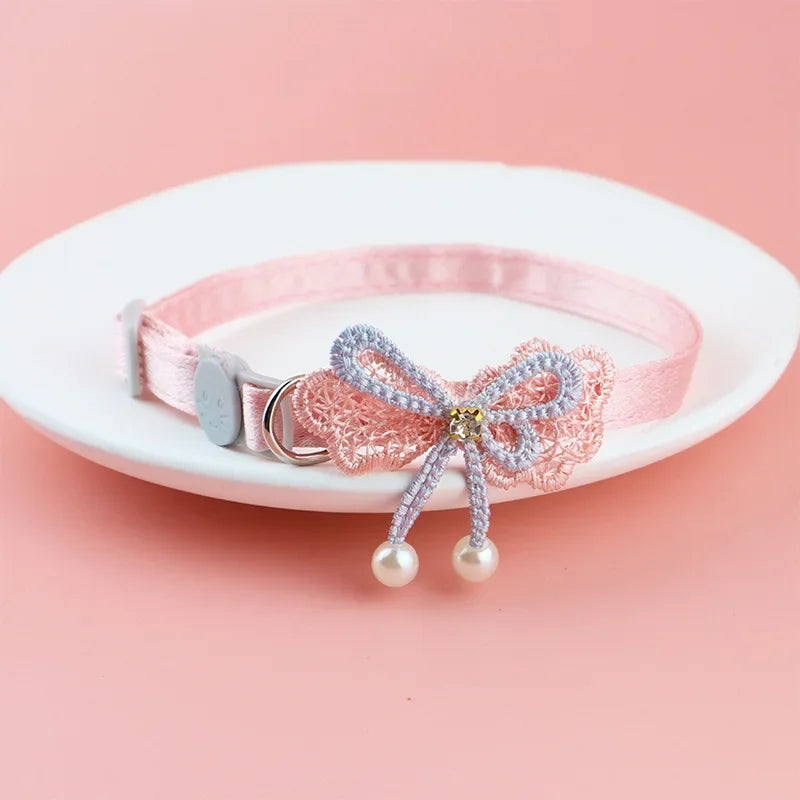 Pink Lace Bow Pet Collar with Bell for Cats and Small Dogs