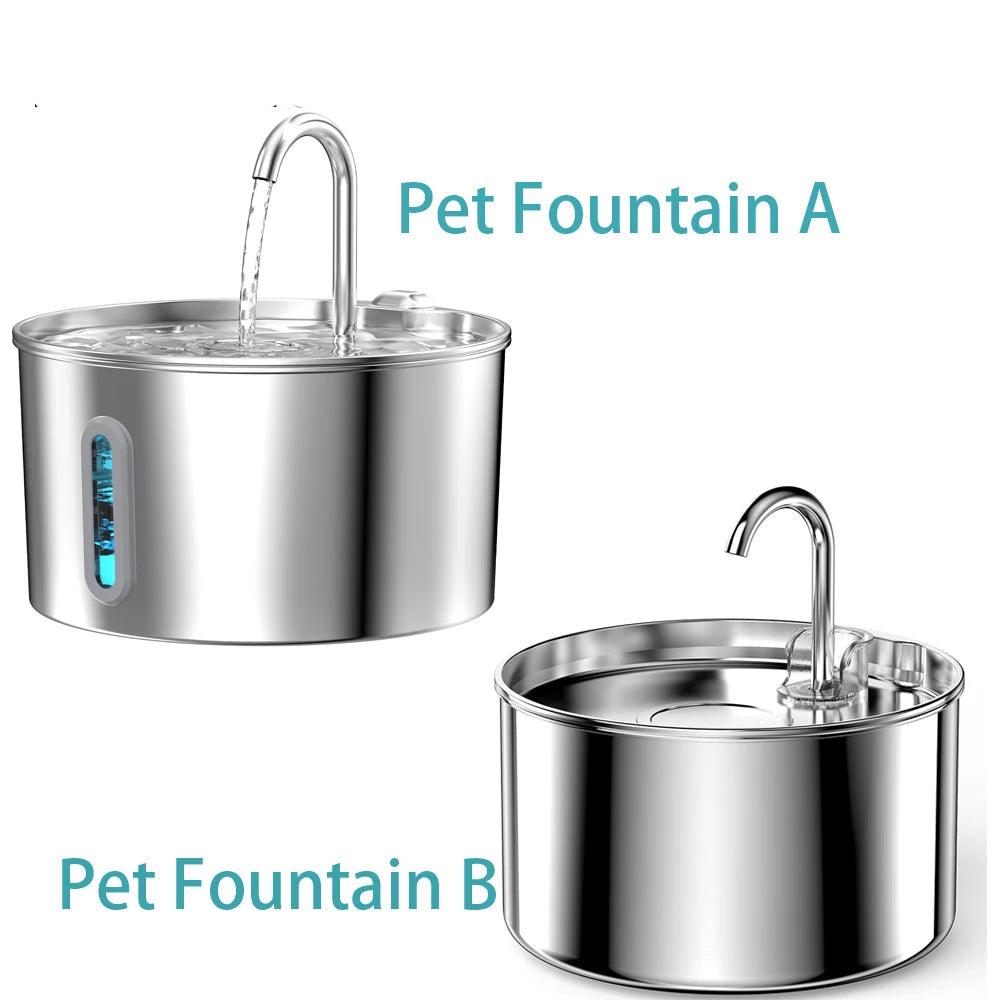 2.2L Stainless Steel Silent Pet Water Fountain — Dual Style with Filter & Sensor Options
