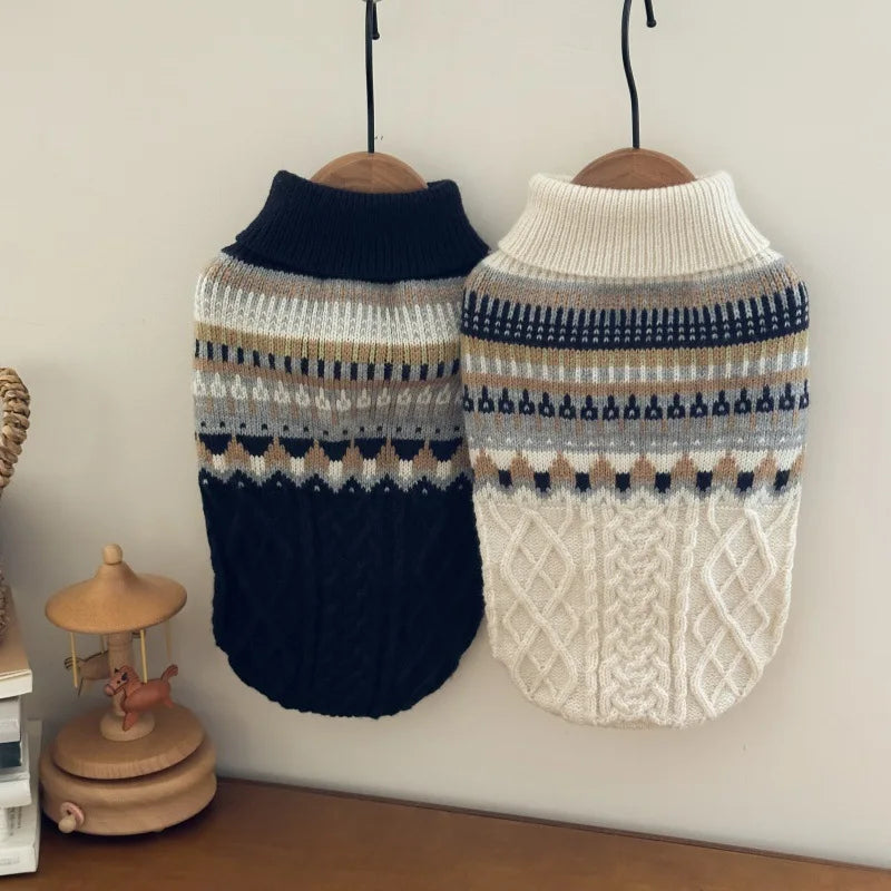 Vintage Print Dog Sweater for Small & Medium Dogs — Navy, Blue & Beige