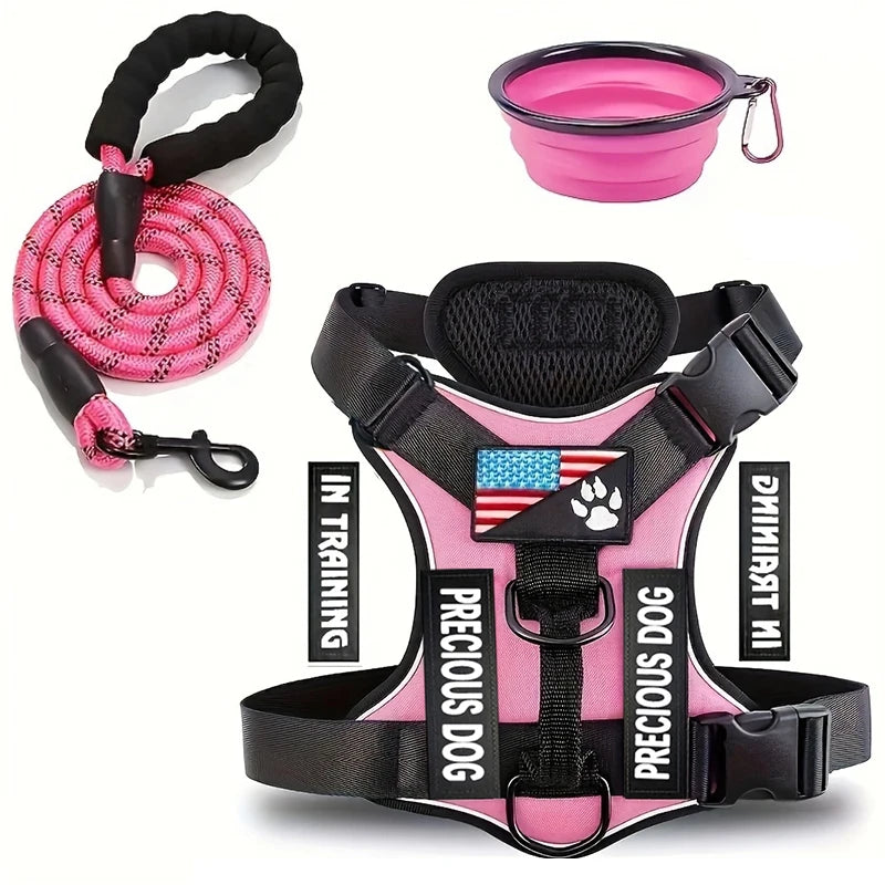 Ensemble harnais et laisse réfléchissants pour chien avec gamelle pliable