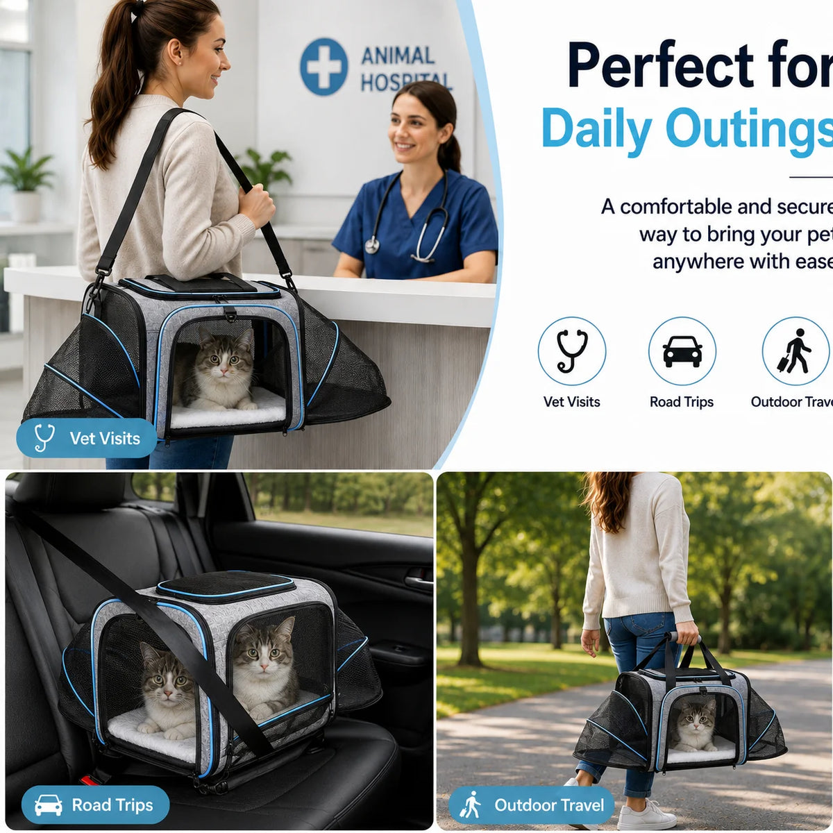 Double-Expandable Pet Carrier with Removable Cushion