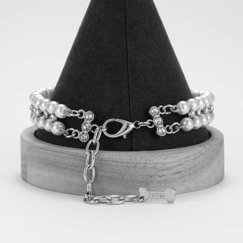 Rhinestone & Pearl Cat Collar Necklace