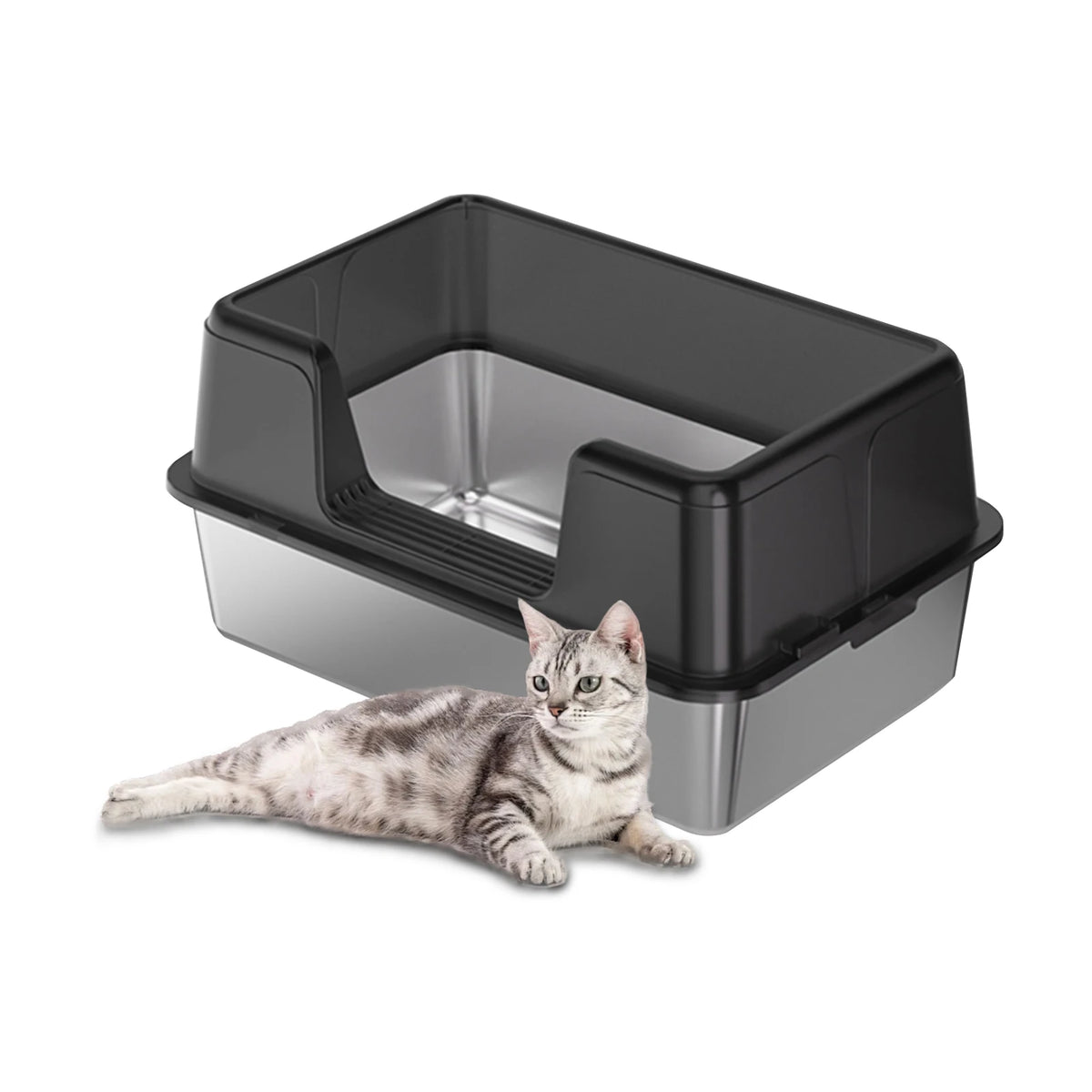 Stainless Steel Semi-Enclosed Cat Litter Box | High Sides | Anti-Splash | 3 Sizes