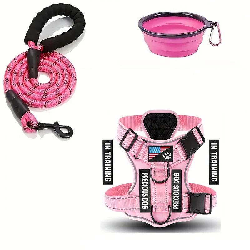 Ensemble harnais et laisse réfléchissants pour chien avec gamelle pliable