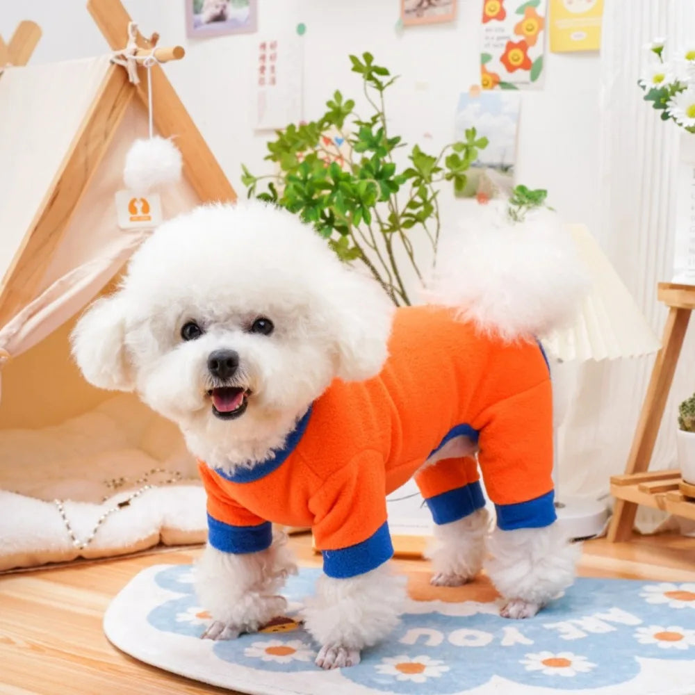 Fleece Dog Jumpsuit Hoodie with Leash Ring — Warm Winter Coat for Dogs & Cats