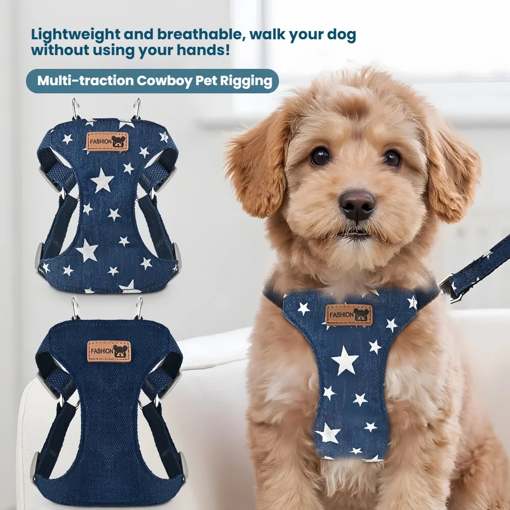 Harnais anti-évasion en jean maillé avec laisse pour chien et chat | Gilet rembourré réglable pour petits chiens et chiots