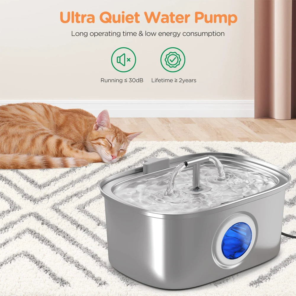 Fontaine à eau en acier inoxydable pour chats et chiens, fenêtre transparente, distributeur d'eau pour animaux de compagnie avec capteur et filtre, distributeur d'eau silencieux pour chats