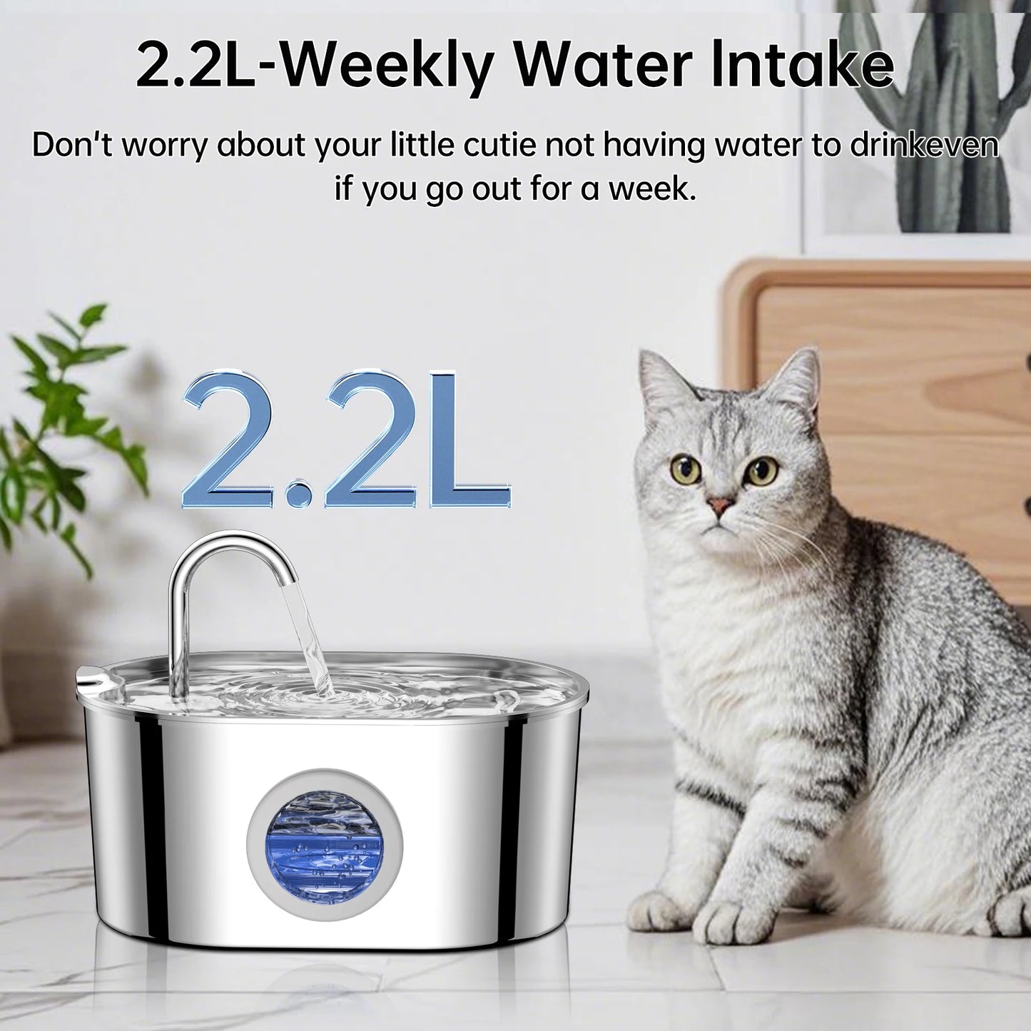 Fontaine à eau pour chat en acier inoxydable, 2,2 litres avec fenêtre de niveau d'eau et pompe à eau silencieuse pour chats et chiots