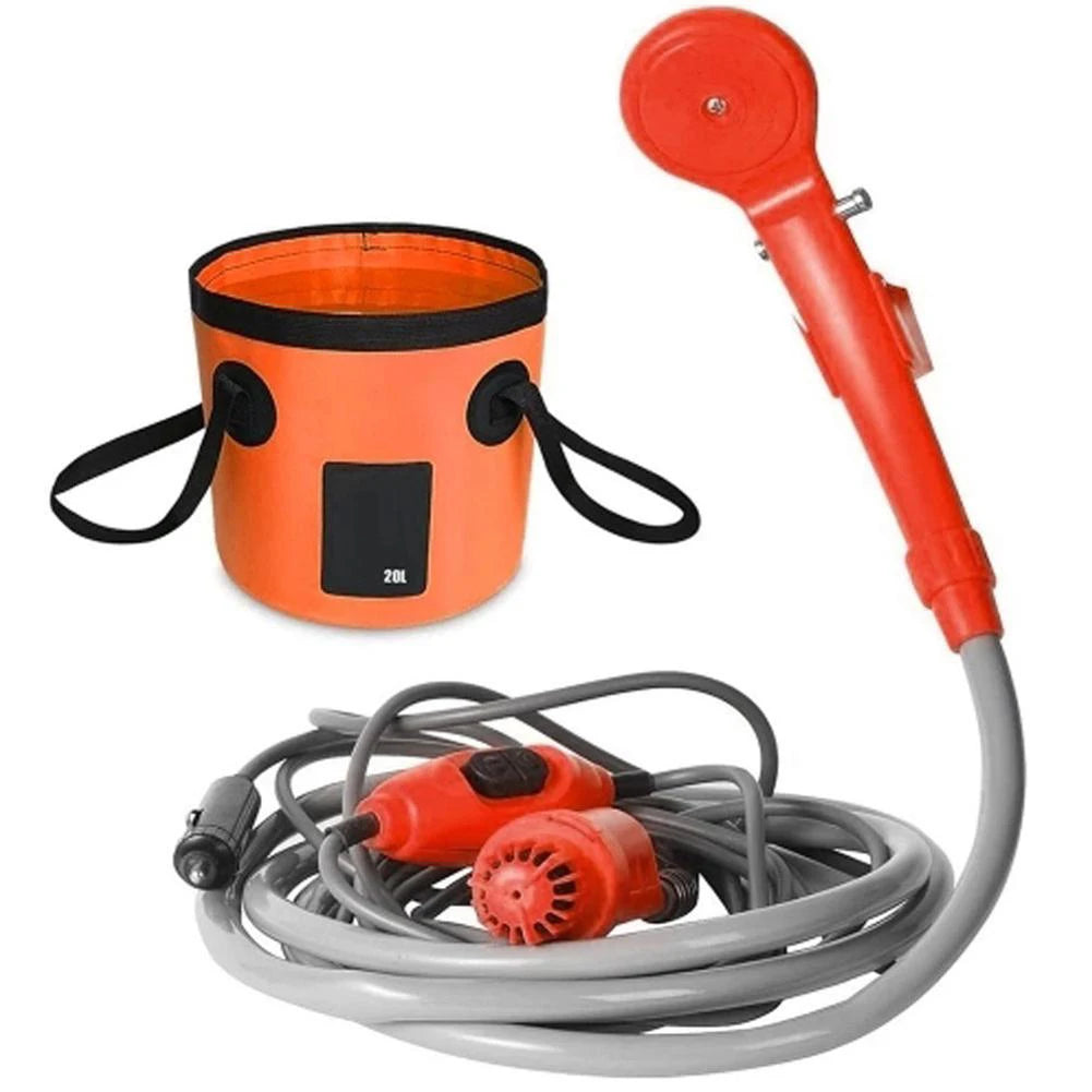 12V Portable Camping Shower Pump with Foldable Bucket Options