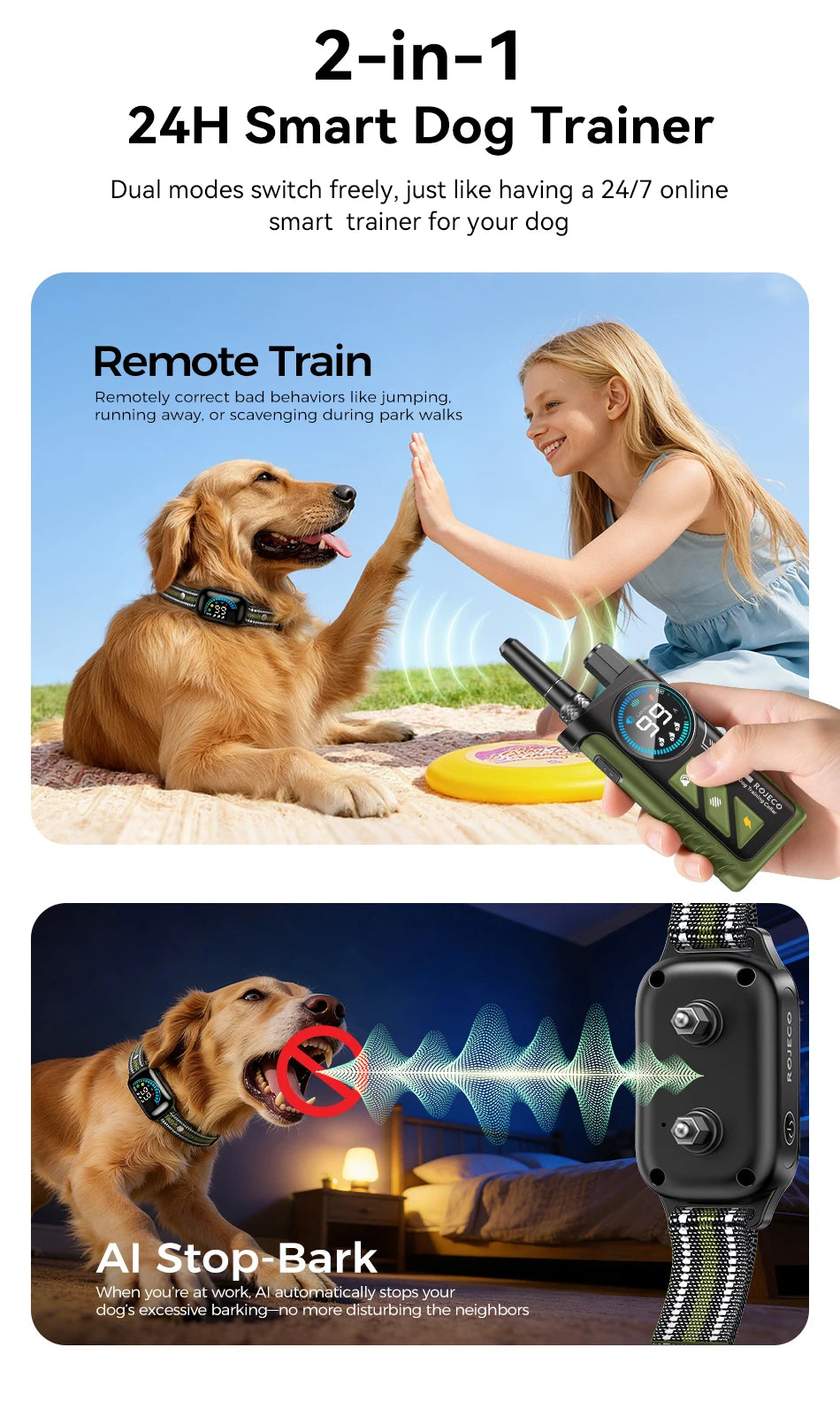 Collier de dressage pour chien avec télécommande 1000m, vibrations et anti-aboiements