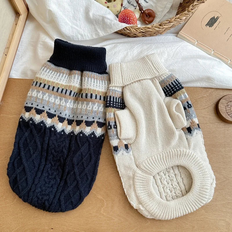 Vintage Print Dog Sweater for Small & Medium Dogs — Navy, Blue & Beige