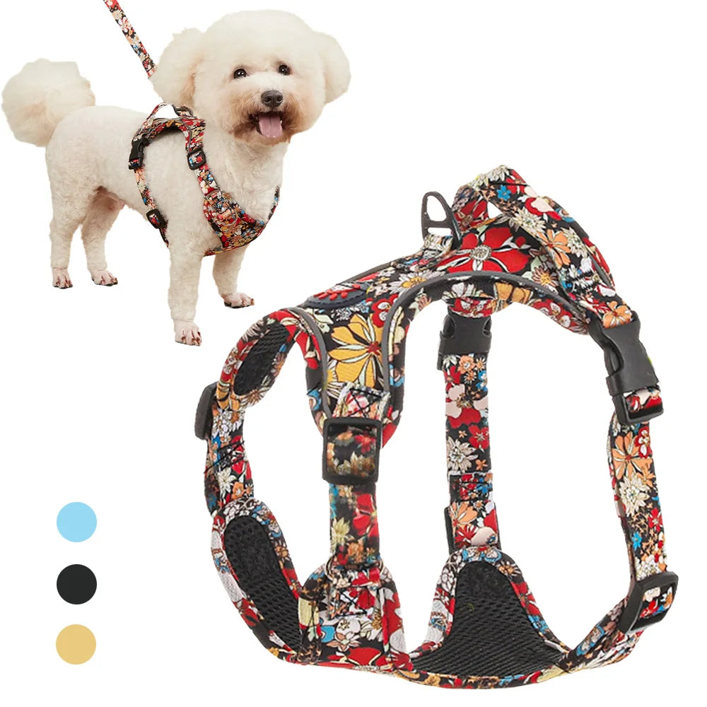 Floral Print Dog Harness & Lead Set with Reflective Strips