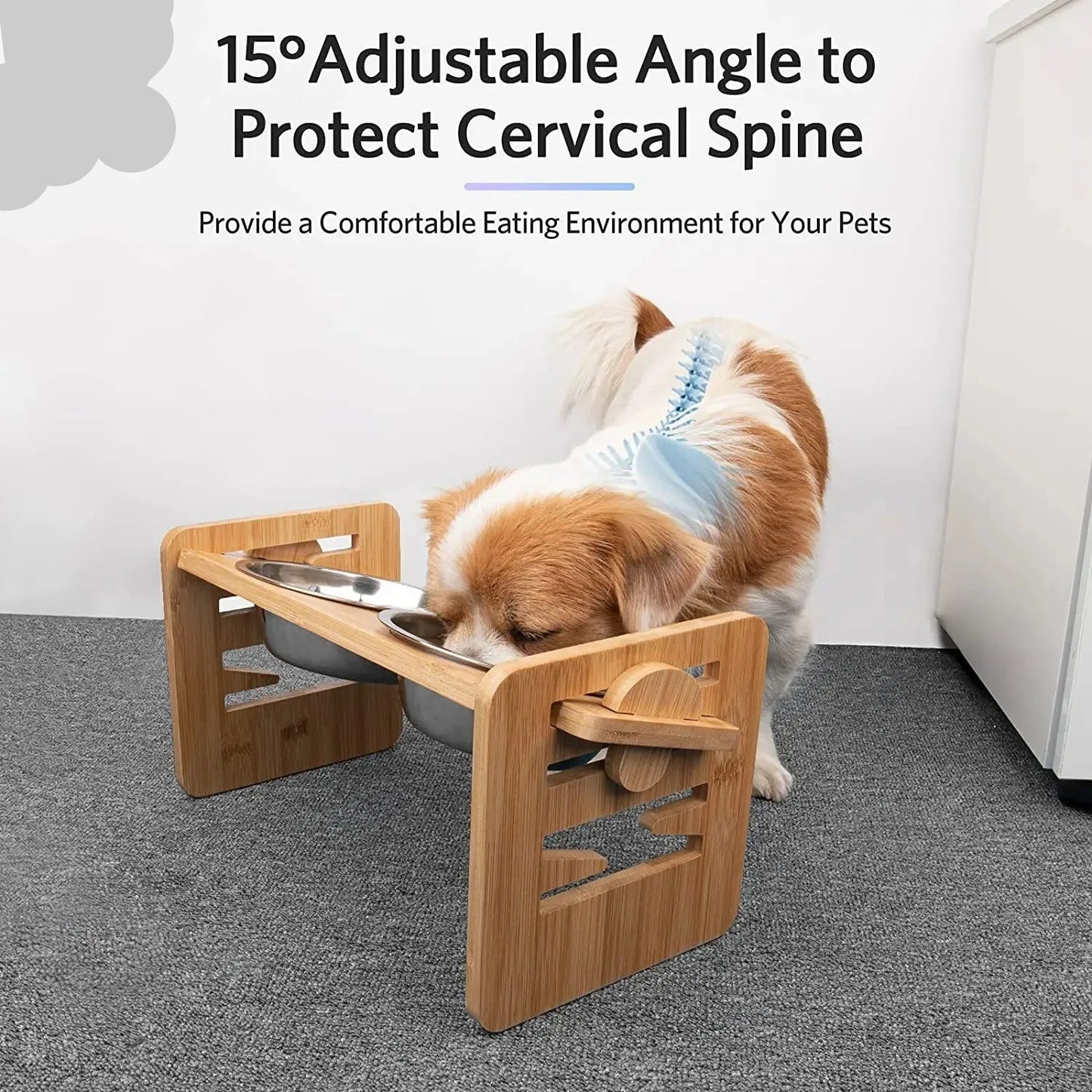 Bamboo Elevated Dog Bowl Stand with 6-Level Adjustable Height — 2 Stainless Steel Bowls