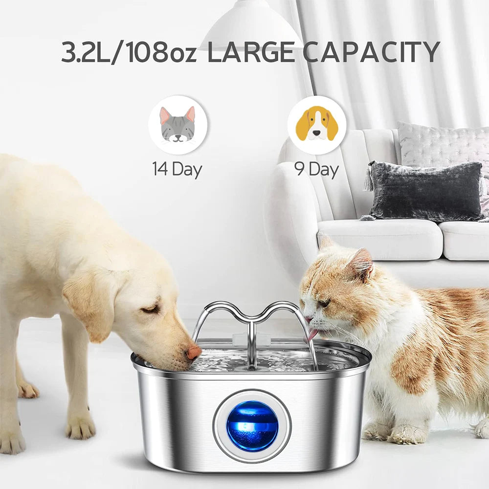 3.2L Stainless Steel USB Pet Water Fountain — Quiet Filter Pump for Cats & Dogs