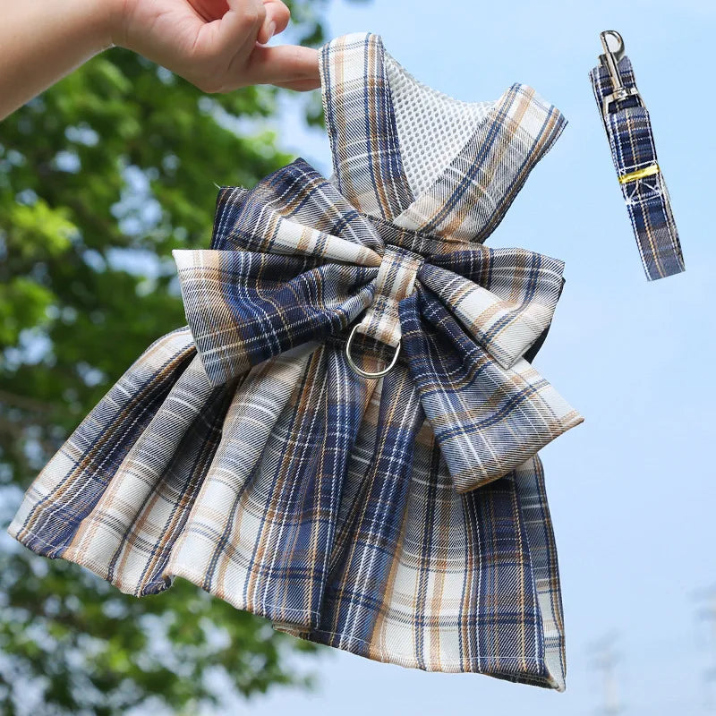 Plaid Bow Dress & Leash Set for Cats and Small Dogs