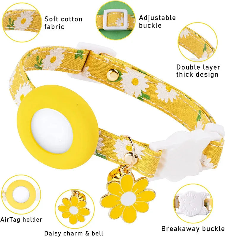 Collier de chat sécurisé avec support AirTag marguerite et grelot
