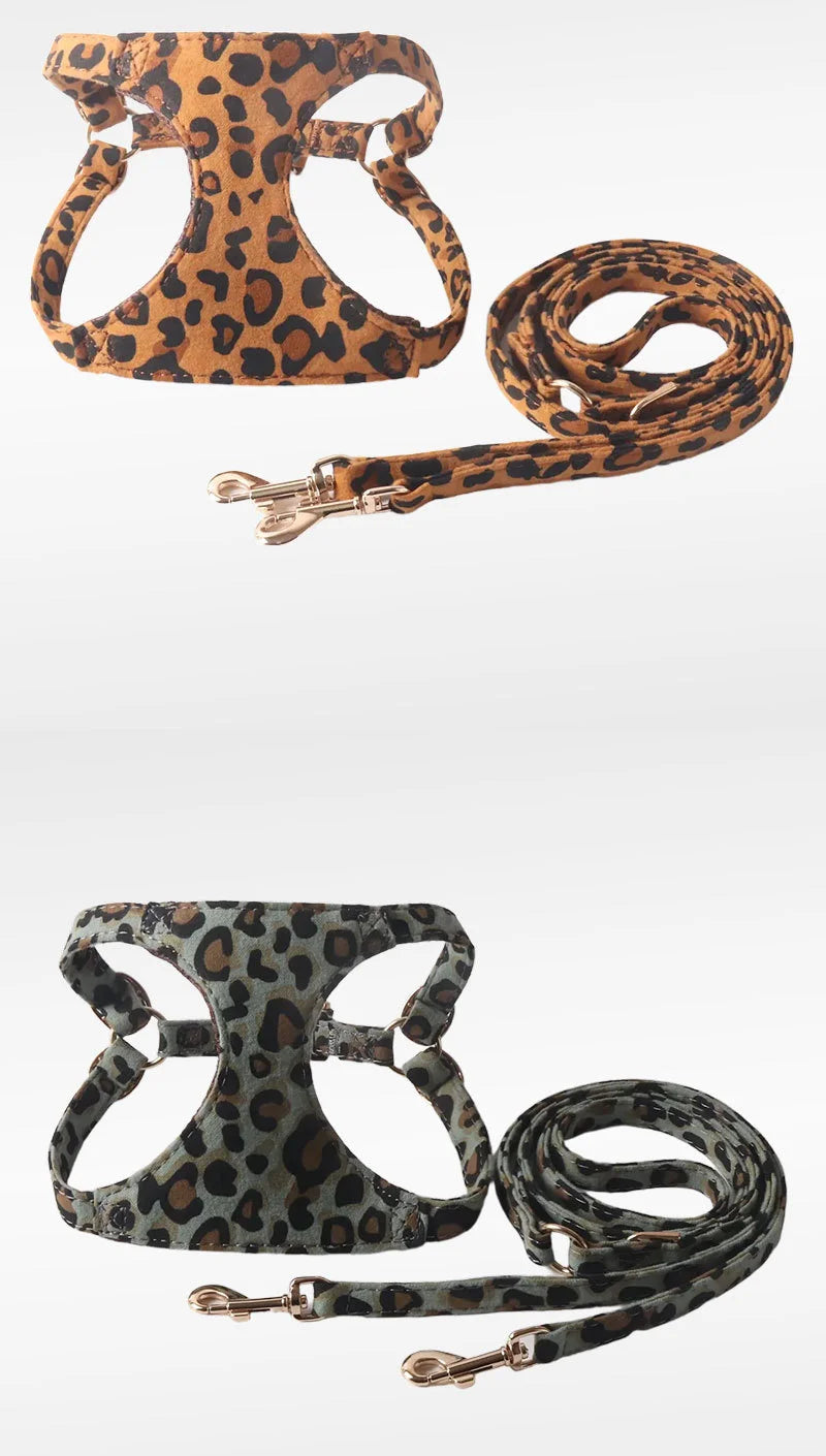 Leopard Print Dog Harness & Lead Set – Padded Vest for Small Dogs