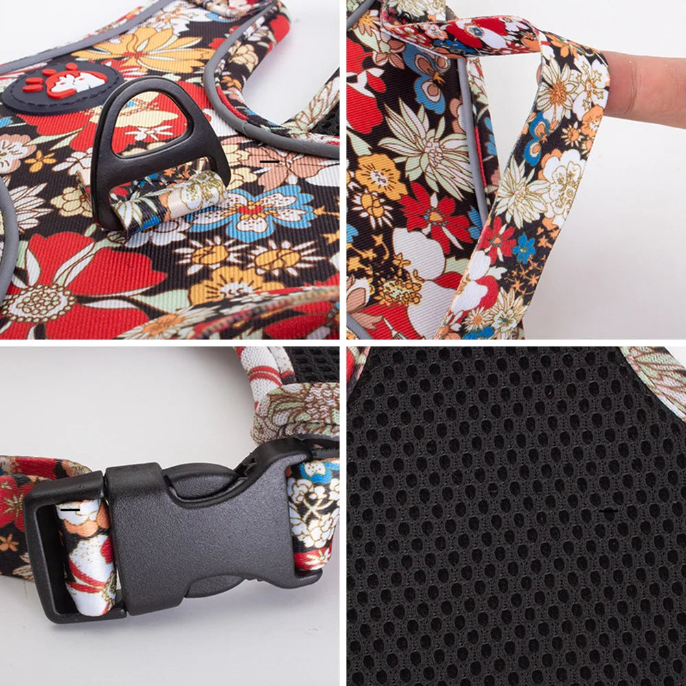 Floral Print Dog Harness & Lead Set with Reflective Strips