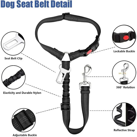 2-in-1 Dog Car Safety Seatbelt - Adjustable Reflective Headrest Restraint