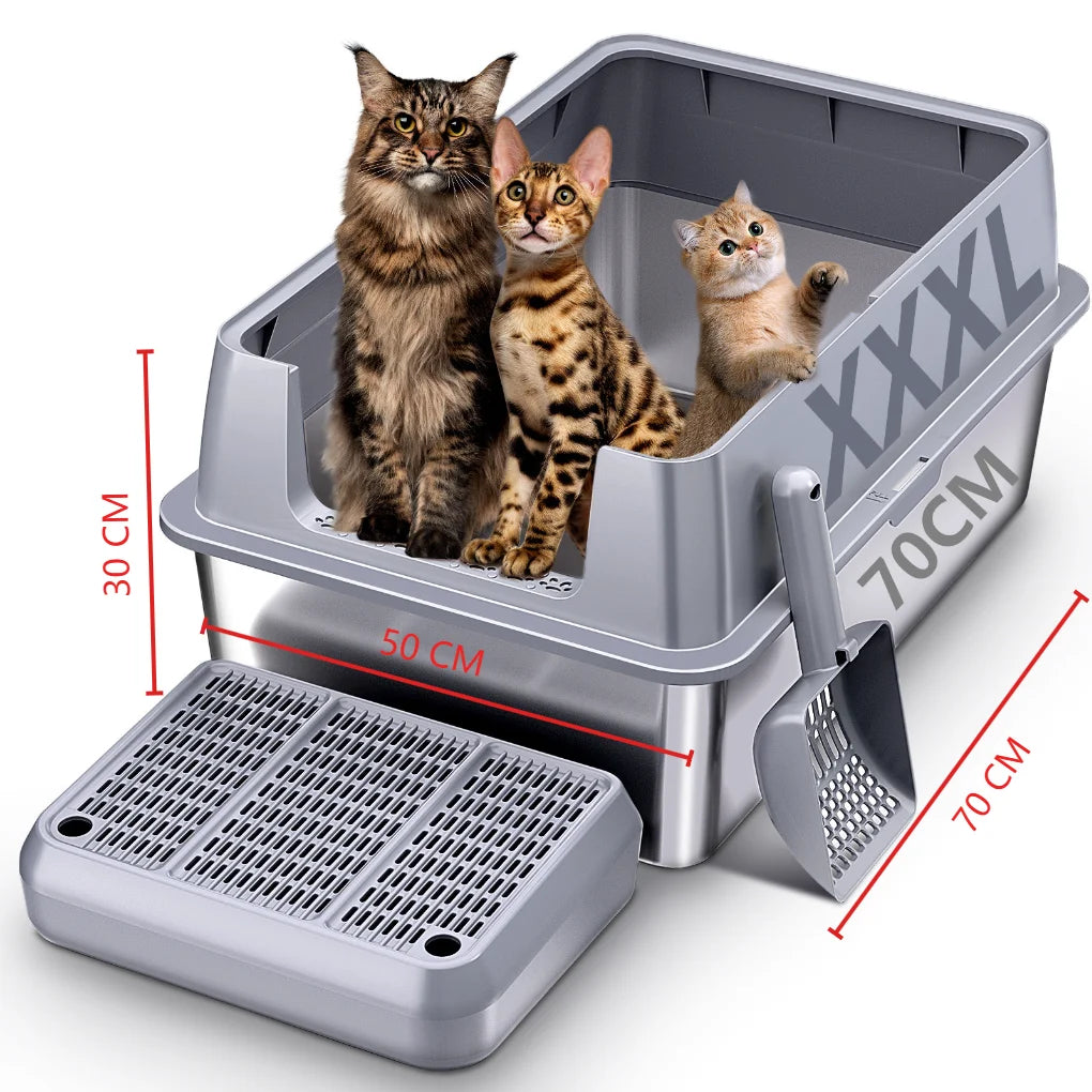 XXXL Stainless Steel Cat Litter Box with Lid — High Sides for Large & Big Cats